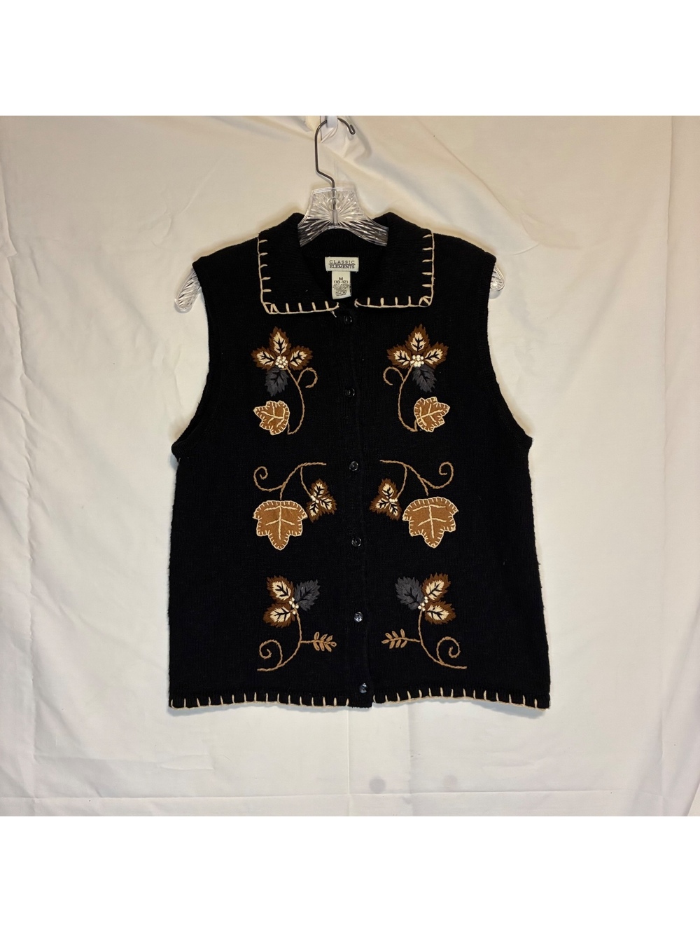 Vintage 90s Classic Elements Embroidered Fall Leaves Sweater Vest Black Knit M